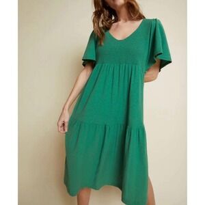 NATION LTD Jacie Dress Fern Green Smocked Tiered Flutter Sleeve Midi Size S